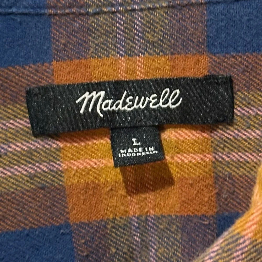 Madewell Blue Gold Ardan Plaid Westward Flannel Button Down Shirt Size L EUC - Picture 3 of 6